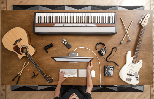 Rent gear from us! Top view of recording equipment