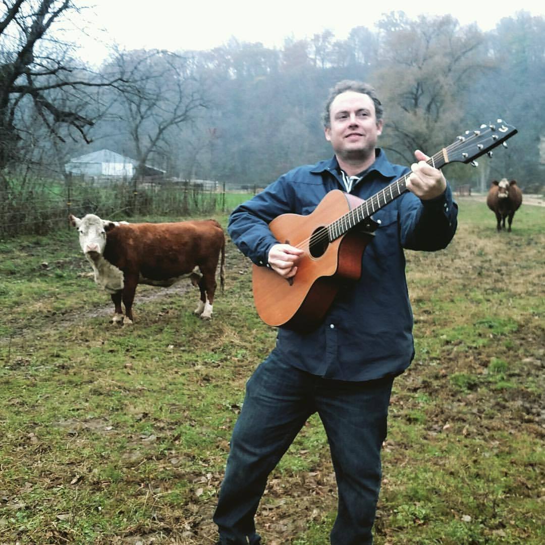 Ryan Phelan with his guitar and some cows